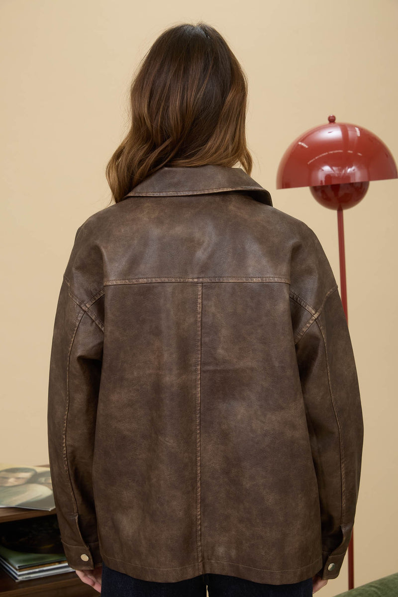 Amelie Washed Faux Leather Jacket, Brown