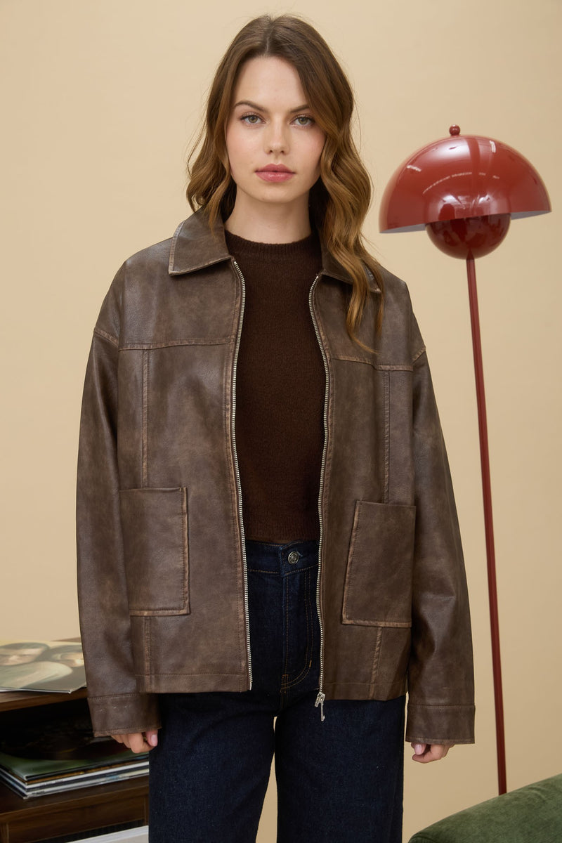 Amelie Washed Faux Leather Jacket, Brown