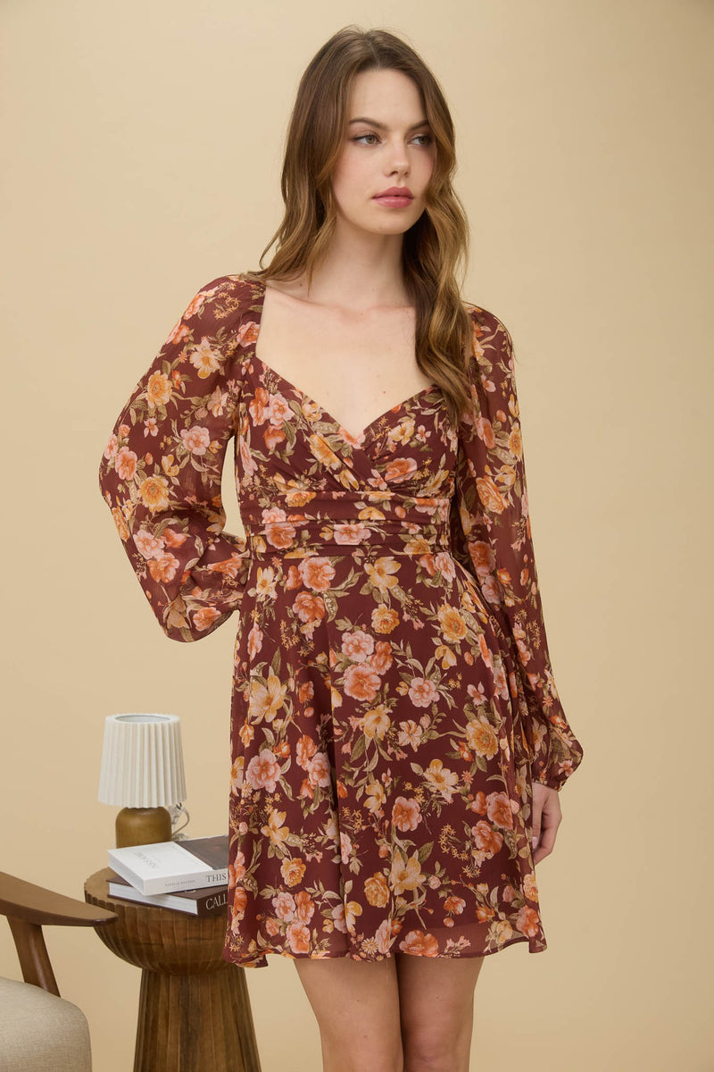 Ivy Sweetheart Neck Mini Dress, Burgundy Multi