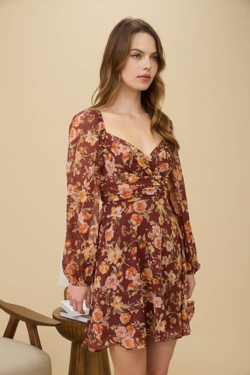 Ivy Sweetheart Neck Mini Dress, Burgundy Multi
