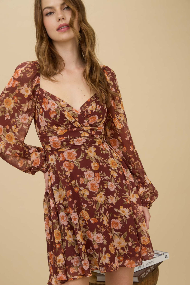 Ivy Sweetheart Neck Mini Dress, Burgundy Multi