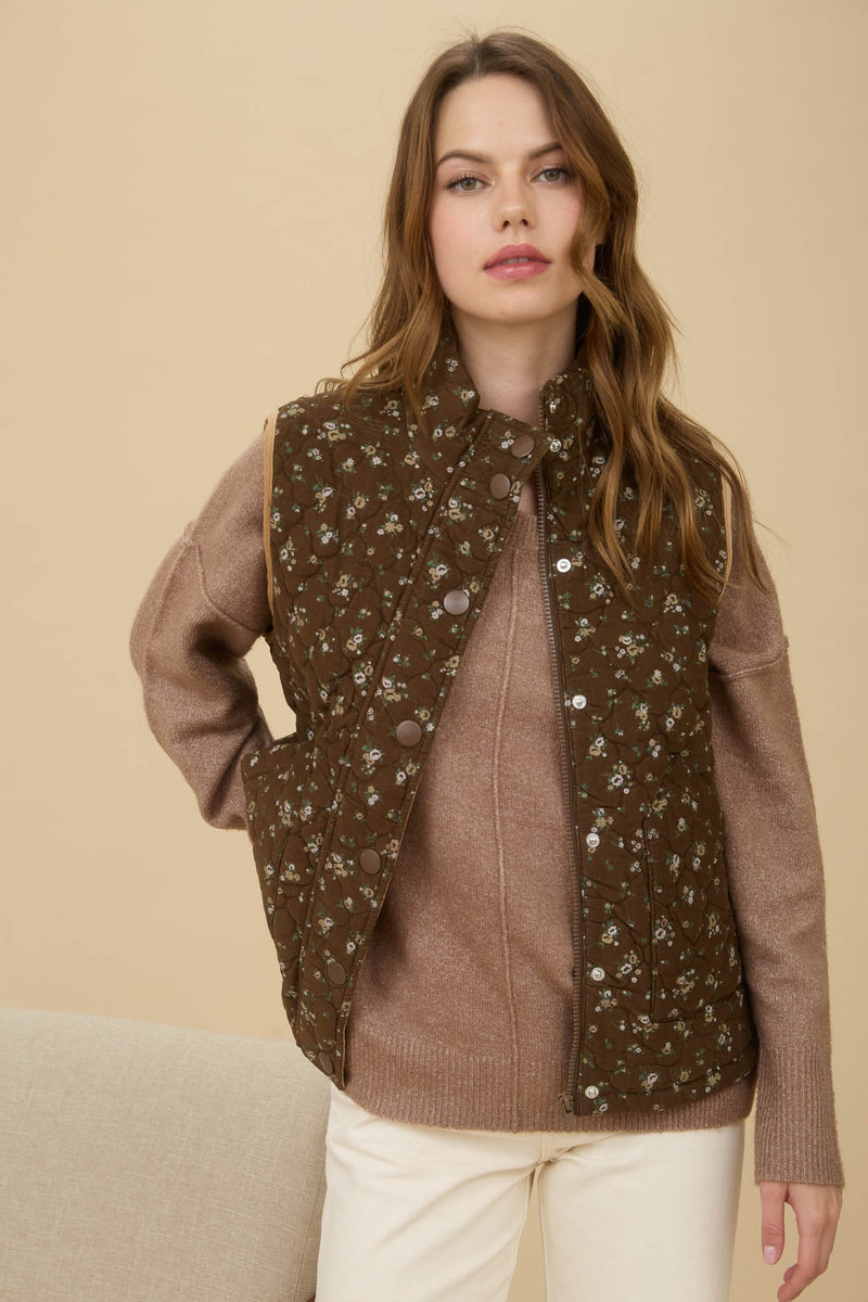 Lia Floral Quilted Puffer Vest, Brown Multi