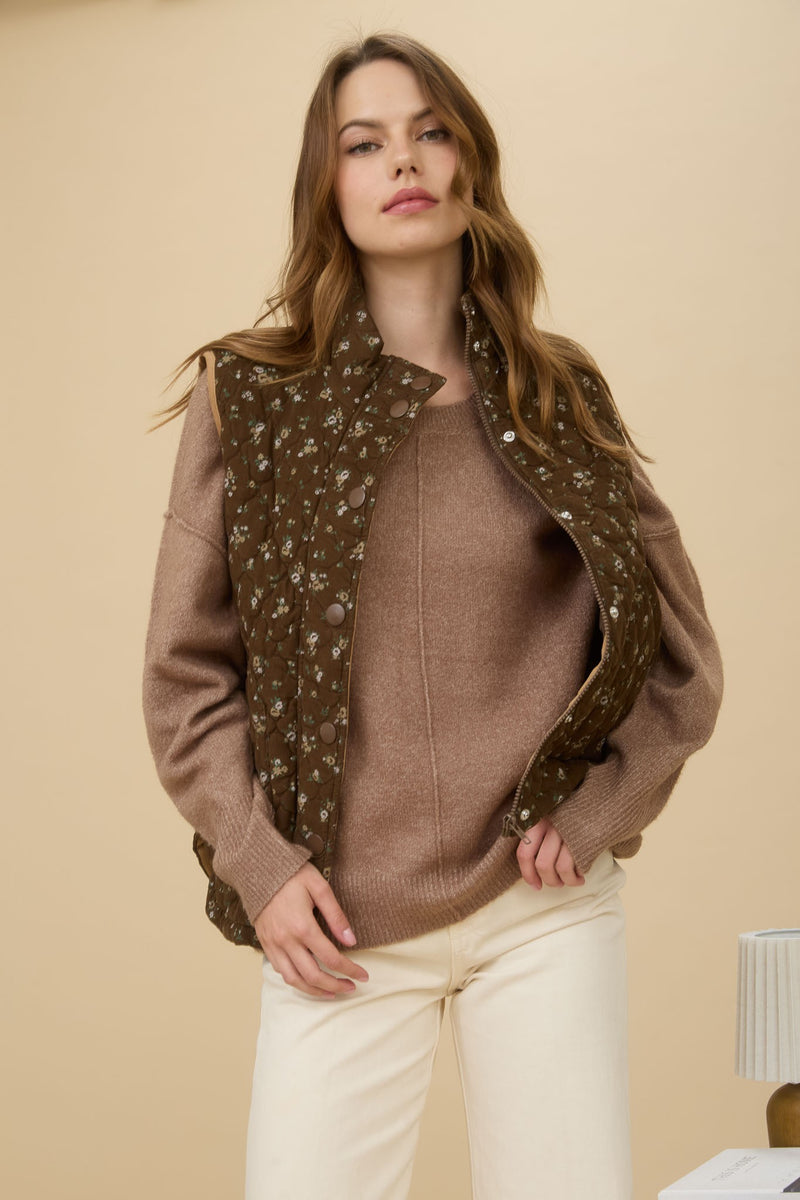 Lia Floral Quilted Puffer Vest, Brown Multi