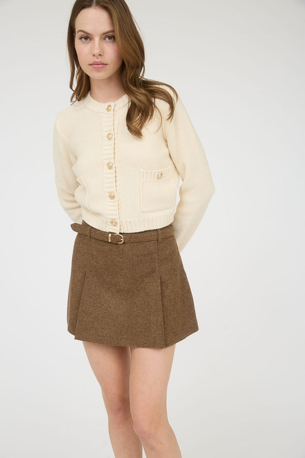 Ada Box Pleated Belted Skirt, Brown