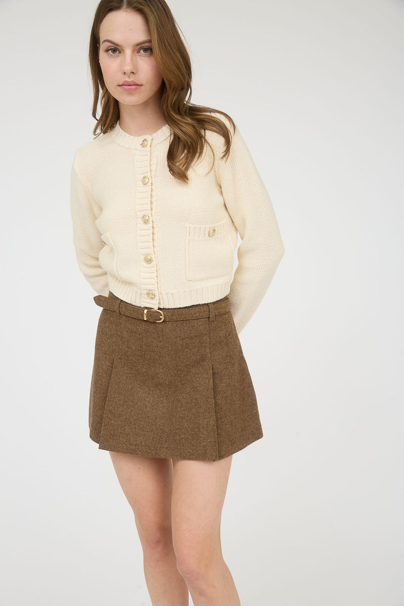 Ada Box Pleated Belted Skirt, Brown