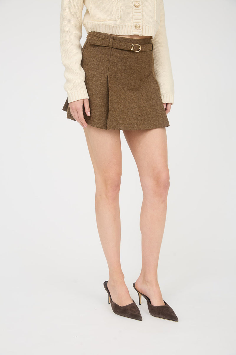 Ada Box Pleated Belted Skirt, Brown