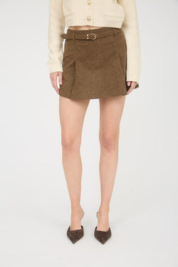 Ada Box Pleated Belted Skirt, Brown