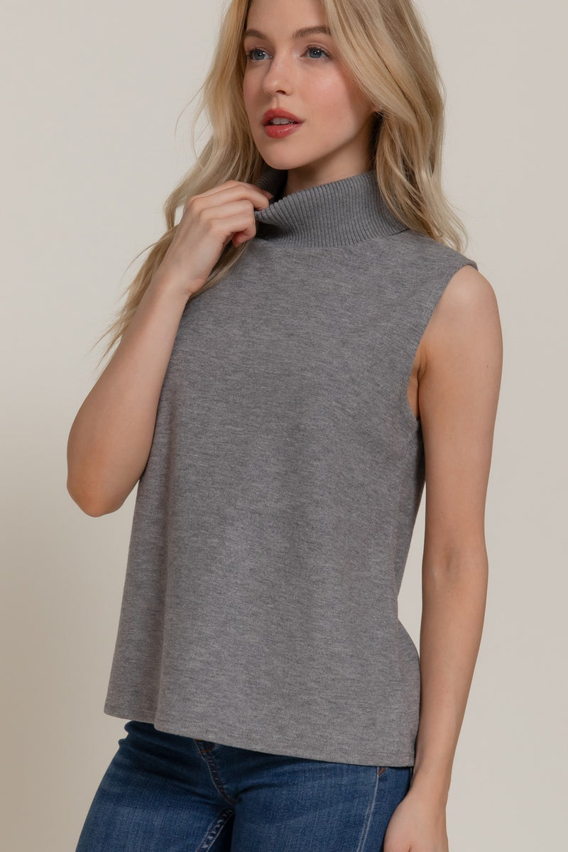 Zoe Sleeveless Turtle Neck Top, Heather Grey