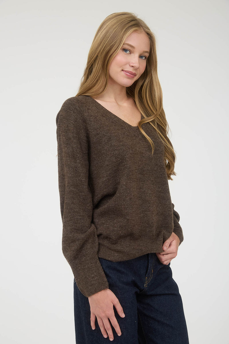 Lyra V-Neck Pullover Sweater, Brown