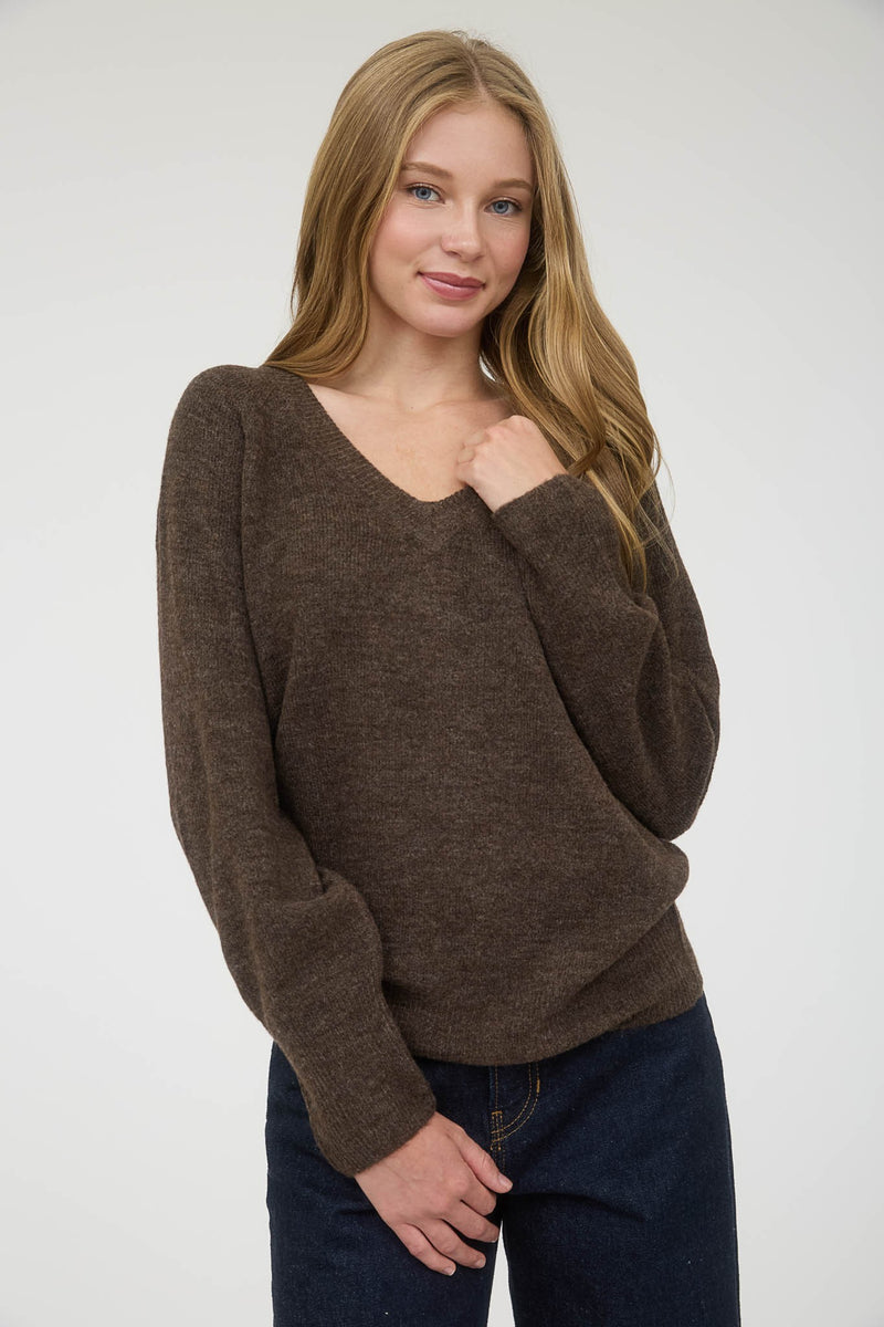 Lyra V-Neck Pullover Sweater, Brown