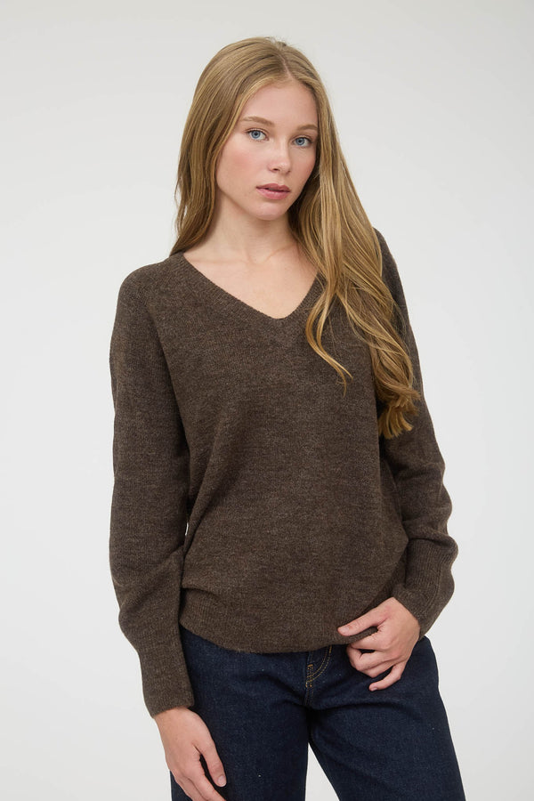 Lyra V-Neck Pullover Sweater, Brown