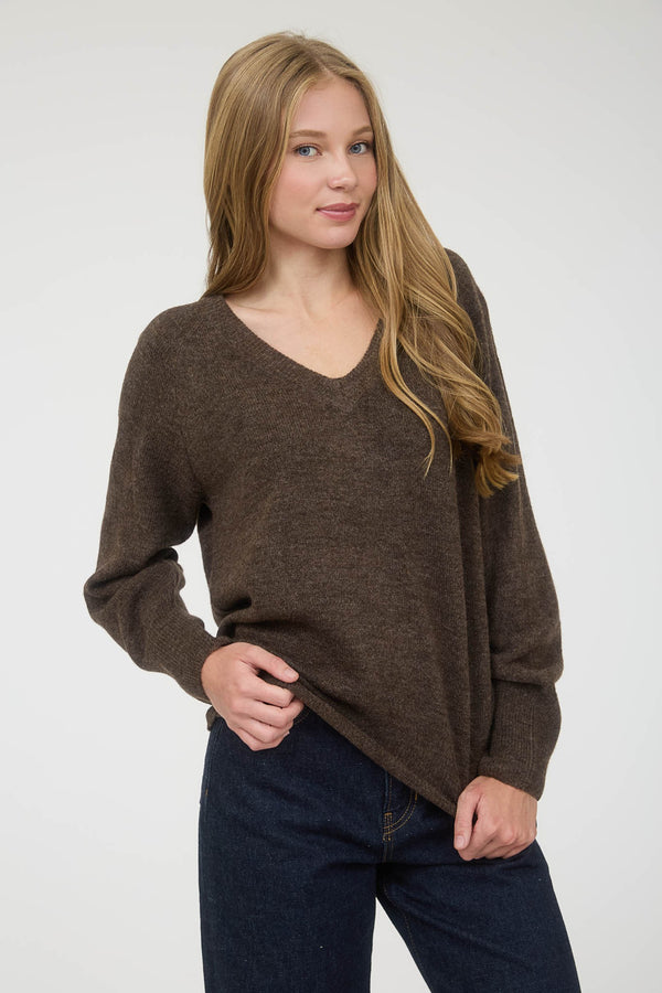 Lyra V-Neck Pullover Sweater, Brown
