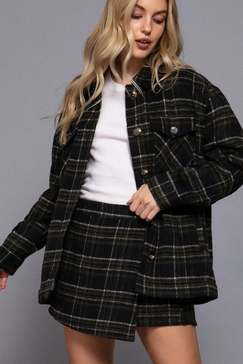 Malaya Wrap Front Plaid Skort, Black/Olive