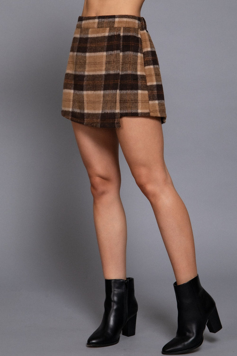 Malaya Wrap Front Plaid Skort, Khaki/Brown
