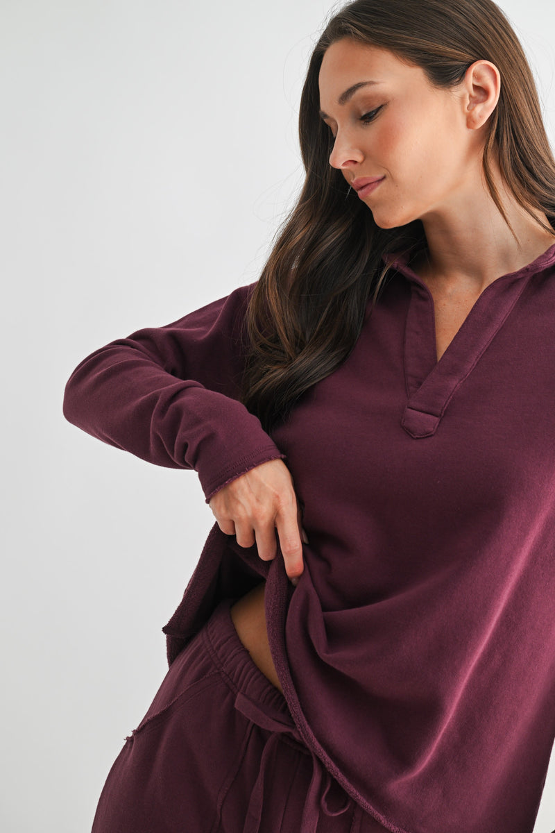 Phoebe Collared Henley Tee, Dark Plum