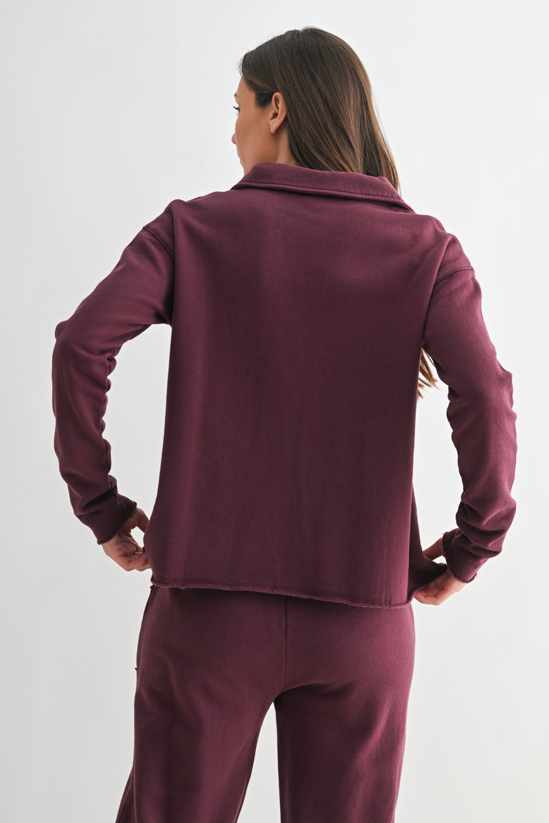 Phoebe Collared Henley Tee, Dark Plum