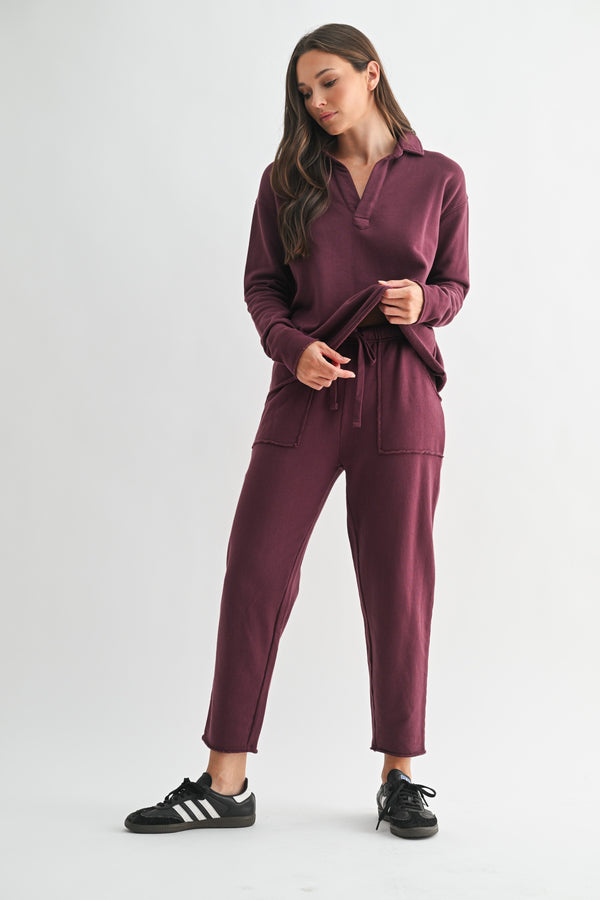 Phoebe Collared Henley Tee, Dark Plum