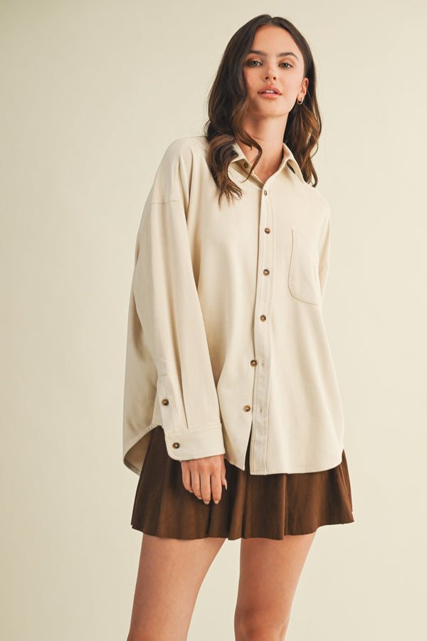 Gloria Suede Collared Shirt, Ecru