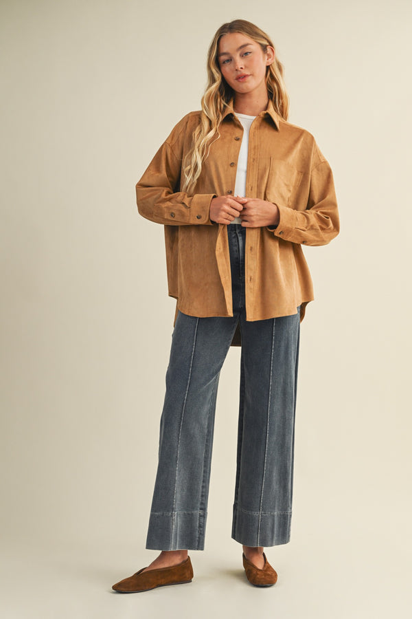 Gloria Suede Collared Shirt, Ginger