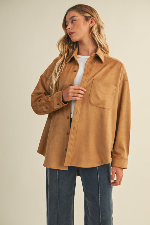 Gloria Suede Collared Shirt, Ginger