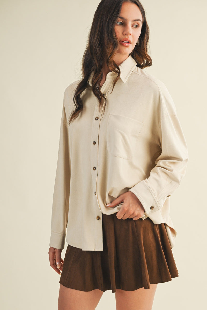 Gloria Suede Collared Shirt, Ecru