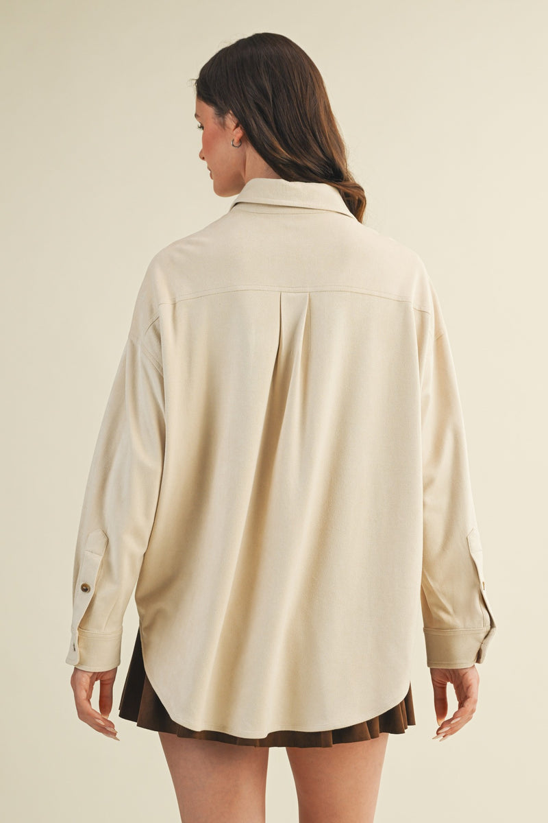 Gloria Suede Collared Shirt, Ecru