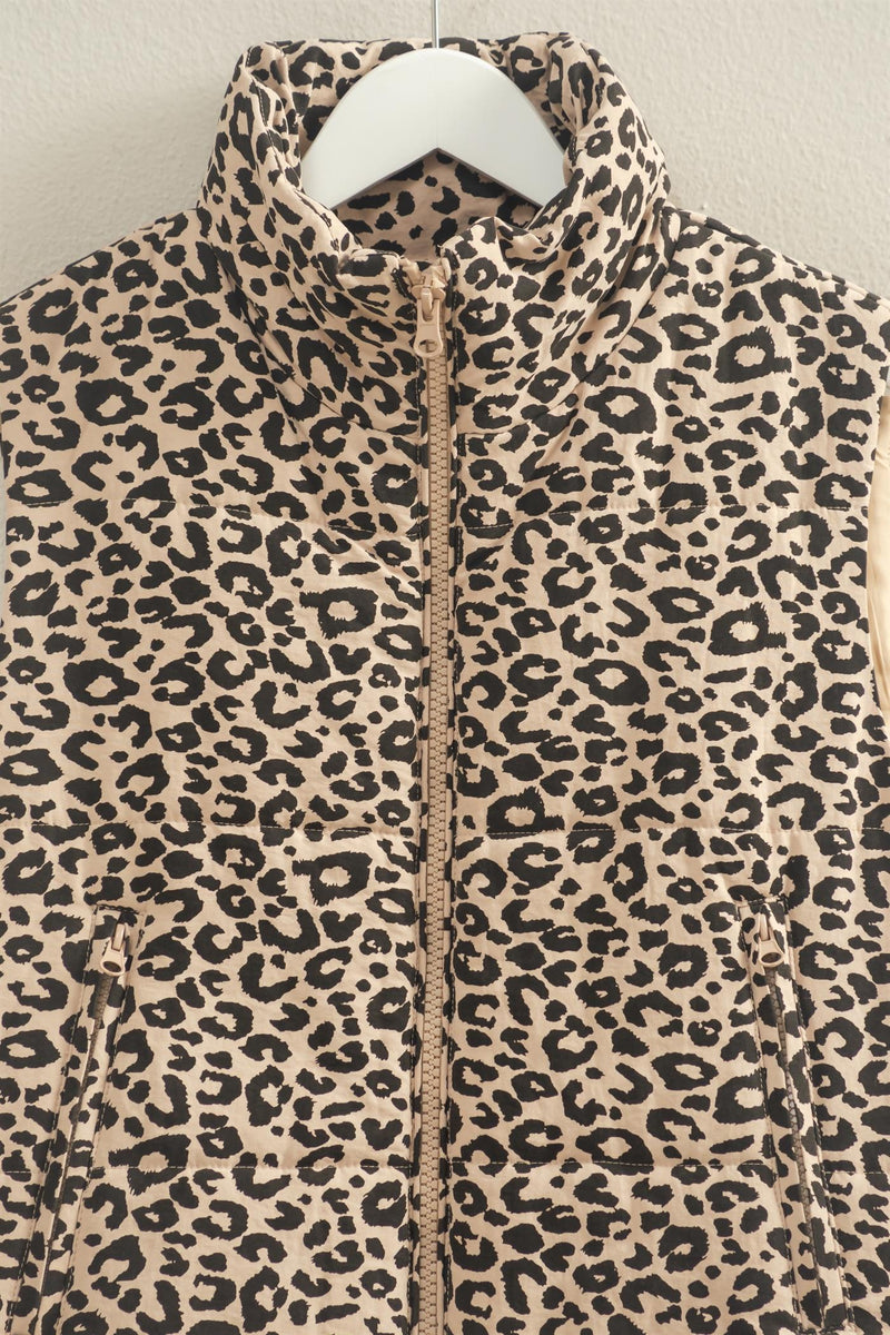 Caroline Leopard Print Puffer Vest, Khaki
