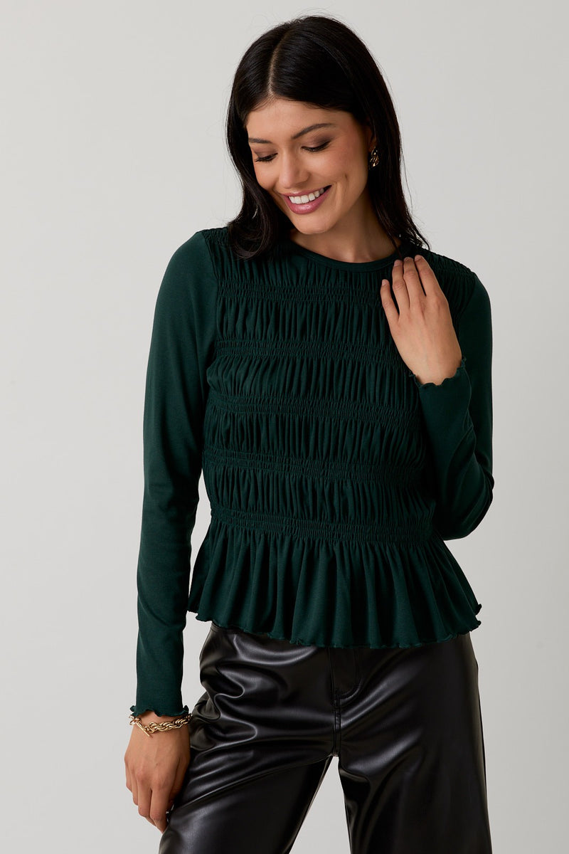 Elsie Round Neck Smocked Top, Dark Green