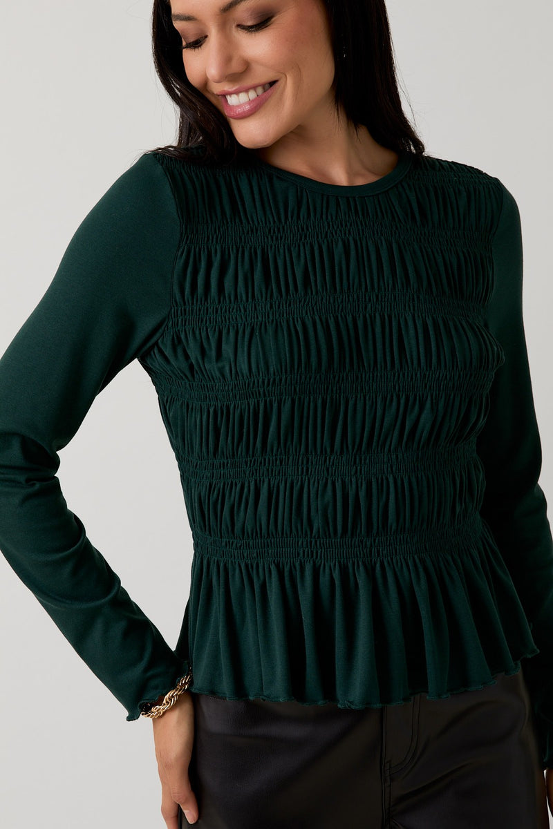 Elsie Round Neck Smocked Top, Dark Green