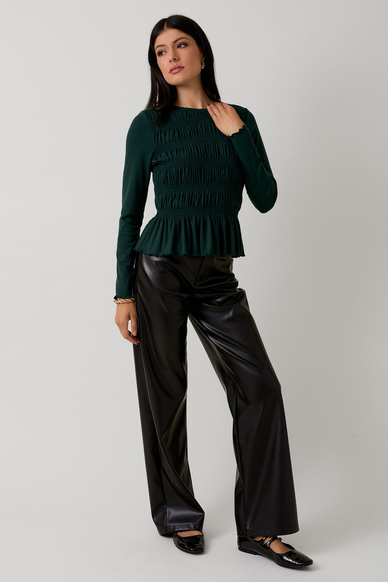 Elsie Round Neck Smocked Top, Dark Green