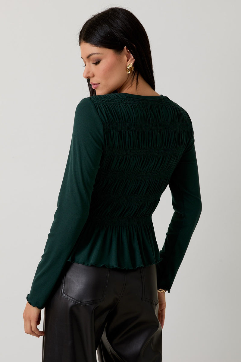 Elsie Round Neck Smocked Top, Dark Green