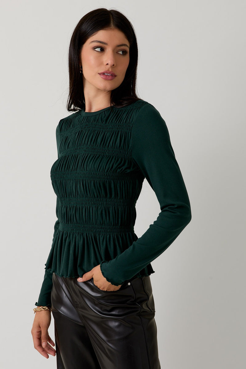 Elsie Round Neck Smocked Top, Dark Green