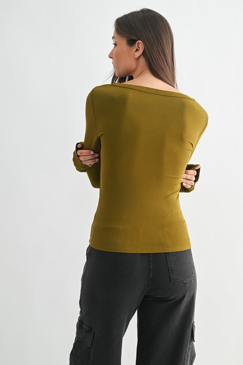 Lilah Slim Fit Ribbed Top, Camo Green