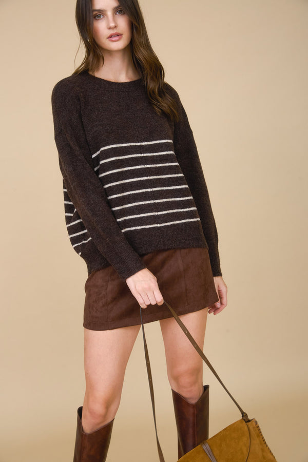 Kyra Striped Seam Detail Sweater, Brown