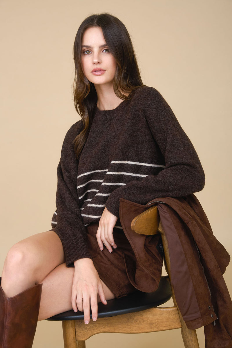 Kyra Striped Seam Detail Sweater, Brown