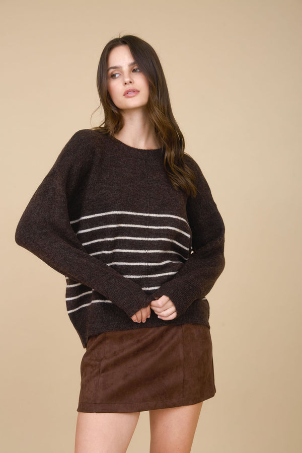 Kyra Striped Seam Detail Sweater, Brown