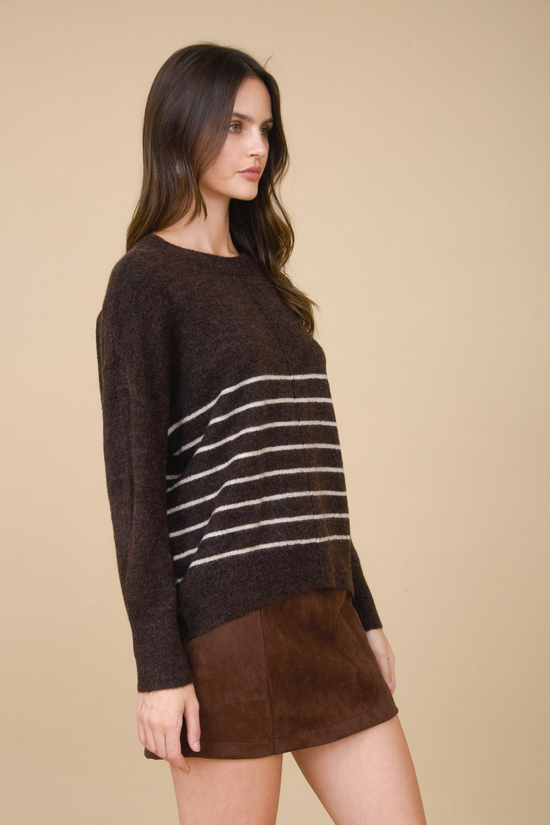 Kyra Striped Seam Detail Sweater, Brown