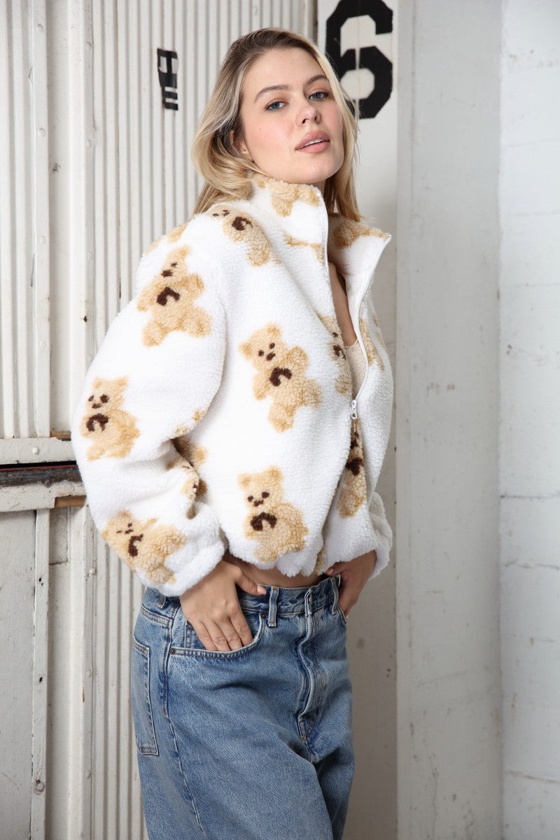 Jacquard Sherpa Zip Jacket , Cream Teddy Bear – North & Main