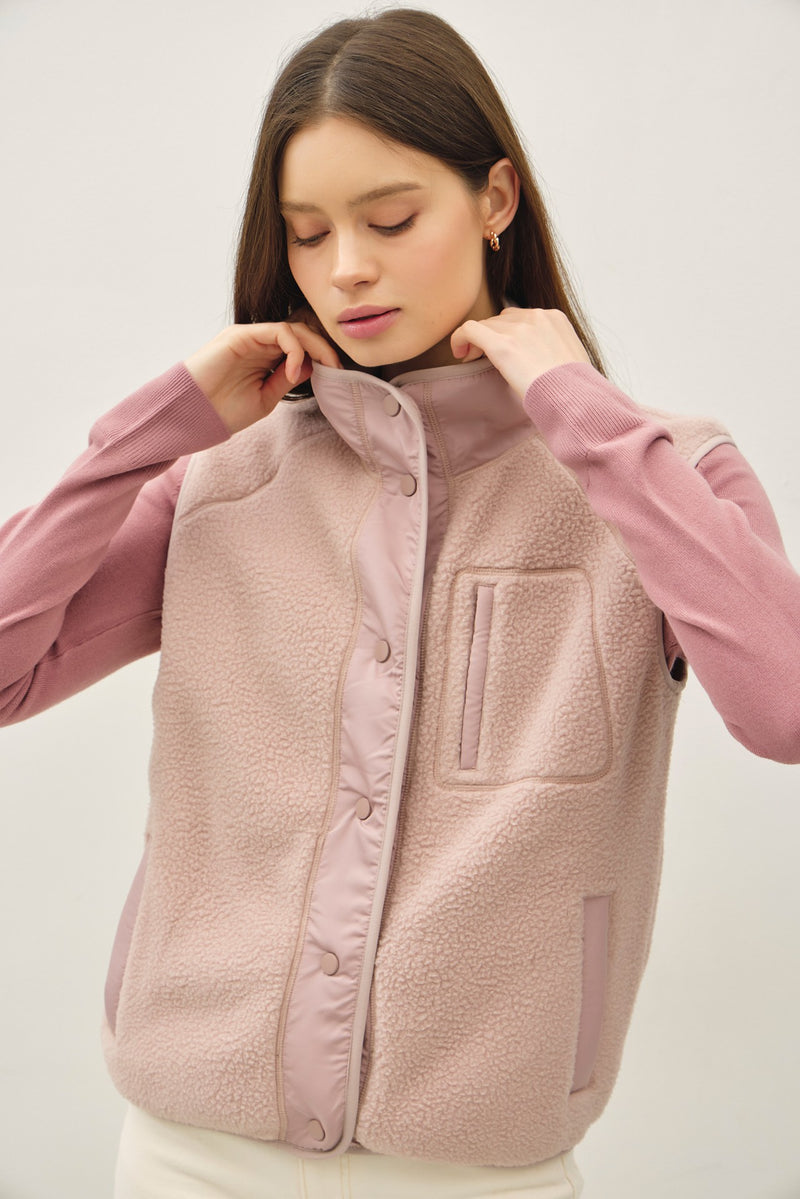 Elena Fleece Button Up Vest, Blush