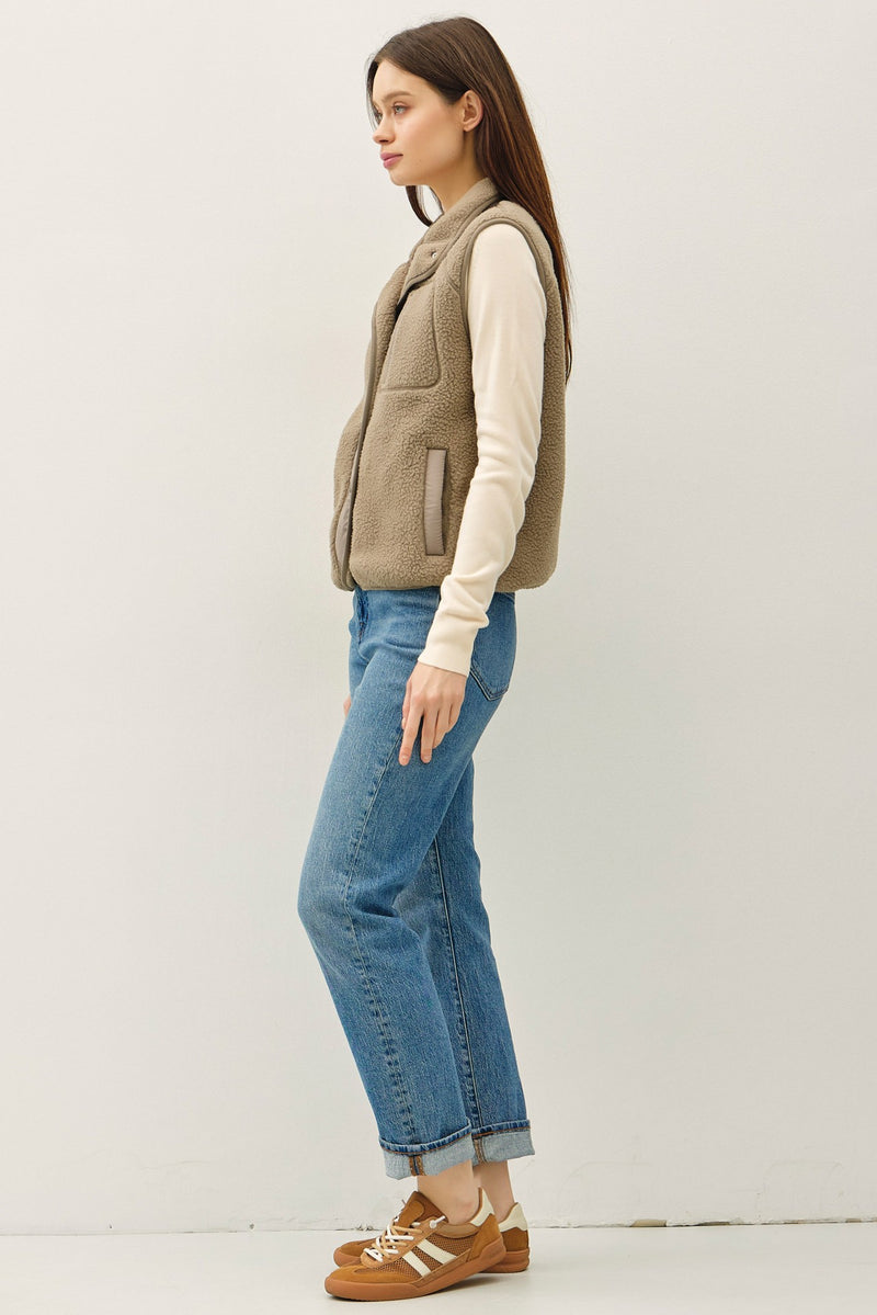 Elena Fleece Button Up Vest, Olive