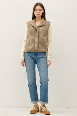 Elena Fleece Button Up Vest, Olive