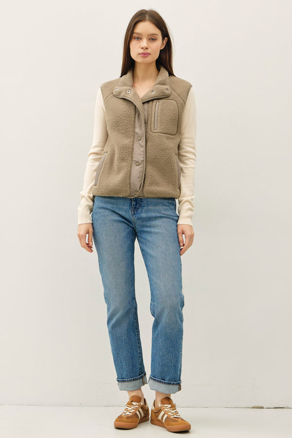 Elena Fleece Button Up Vest, Olive