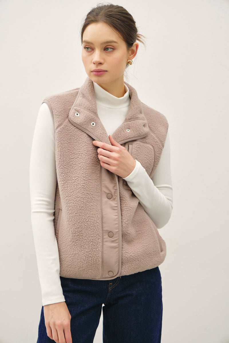 Elena Fleece Button Up Vest, Earth Grey