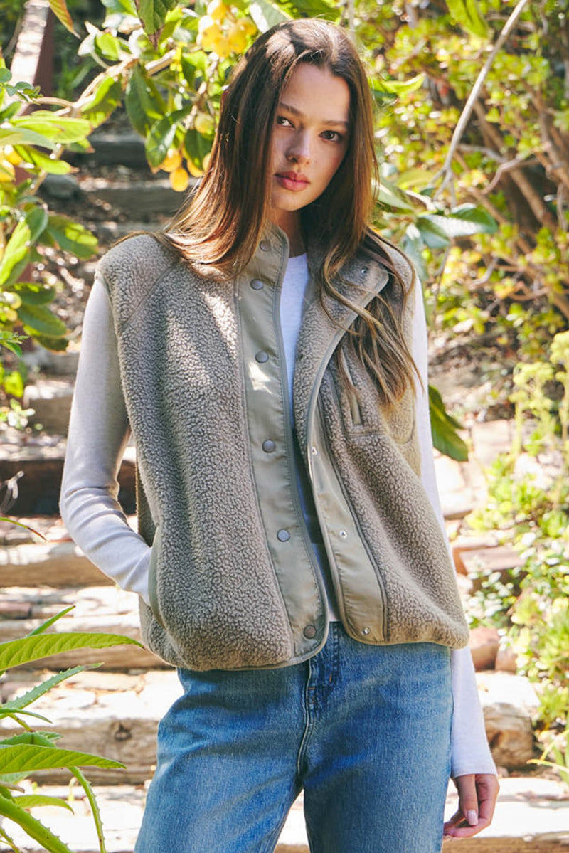 Elena Fleece Button Up Vest, Olive