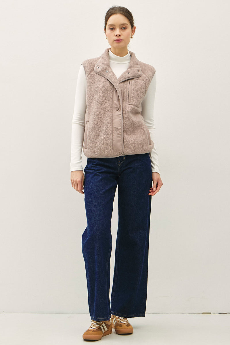 Elena Fleece Button Up Vest, Earth Grey
