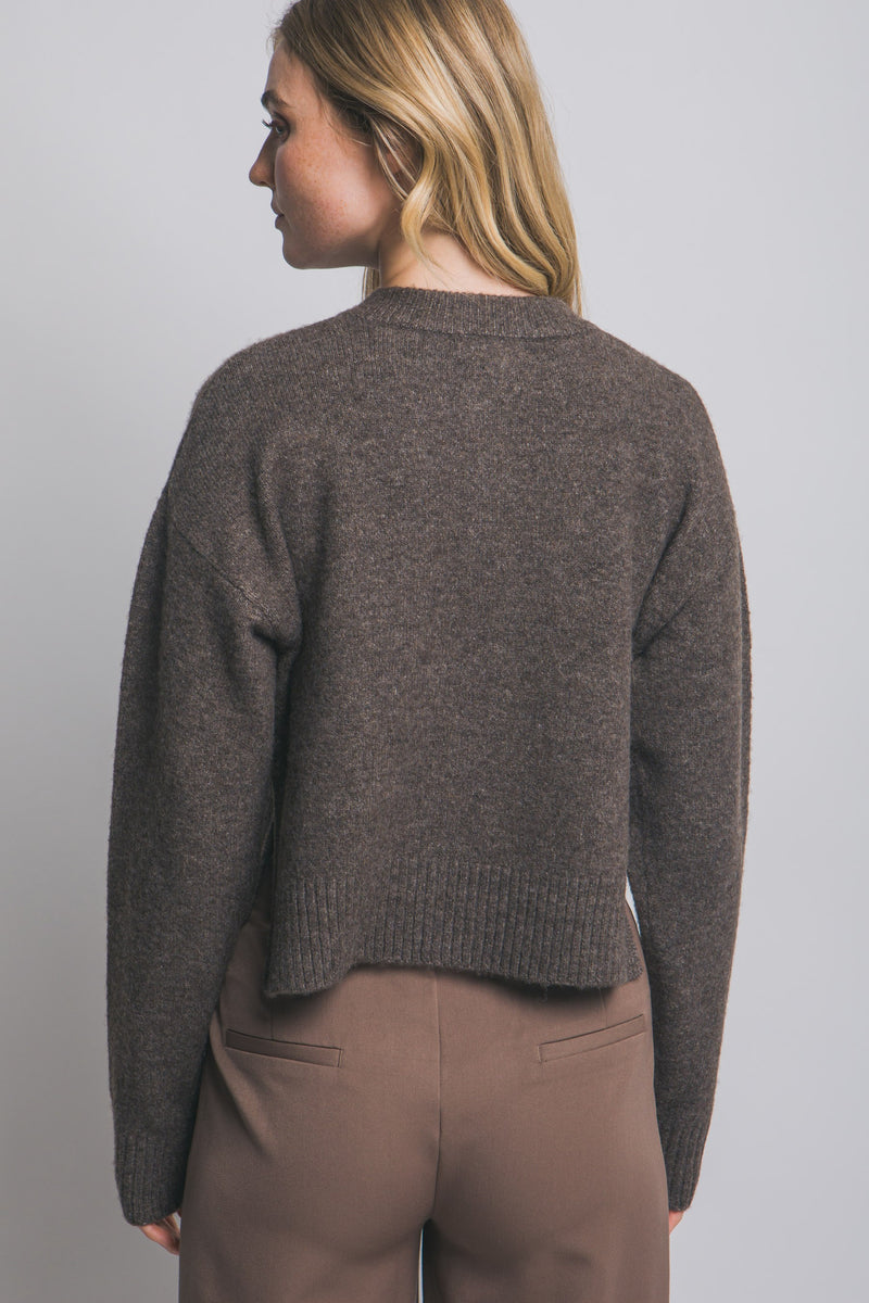 Vivian Round Neck Side Slit Cardigan, Mocha