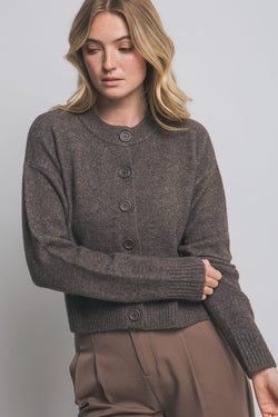 Vivian Round Neck Side Slit Cardigan, Mocha