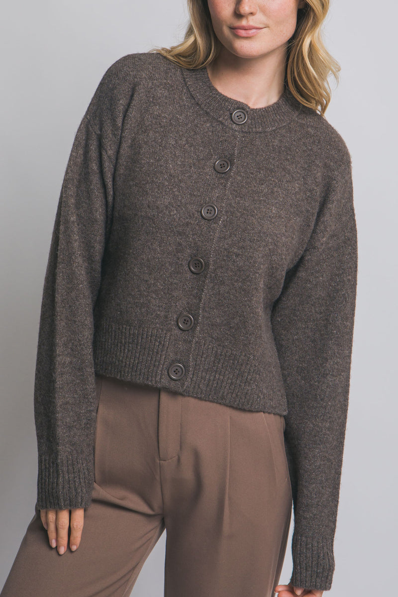 Vivian Round Neck Side Slit Cardigan, Mocha
