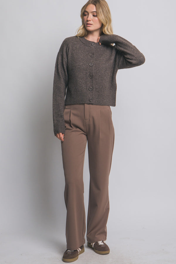Vivian Round Neck Side Slit Cardigan, Mocha