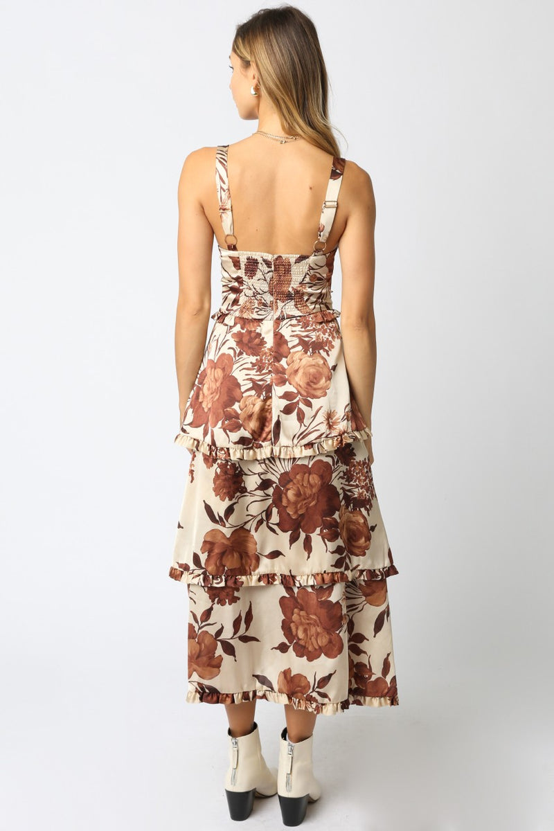 Blair Floral Tiered Satin Dress, Coffee Cream Brown